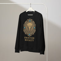 Black sweatshirt with 'Frontier Royalty' design on a hanger against a plain background