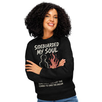 Woman wearing a black sweatshirt with text and graphics on a white background