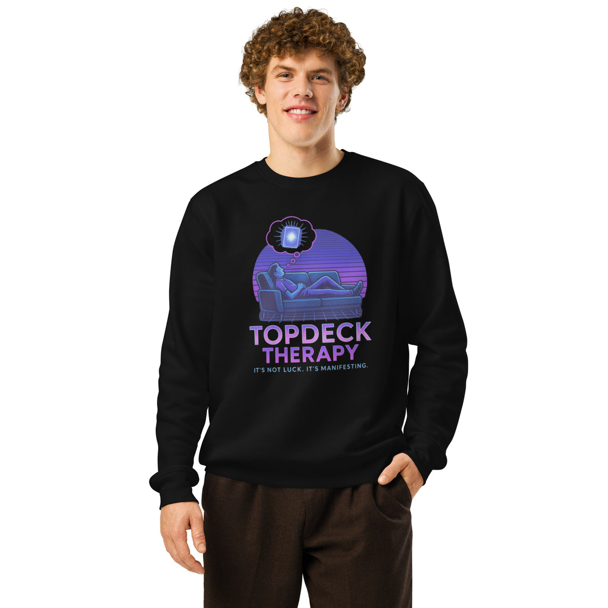 Person wearing a black sweatshirt with 'Topdeck Therapy' graphic design on a white background