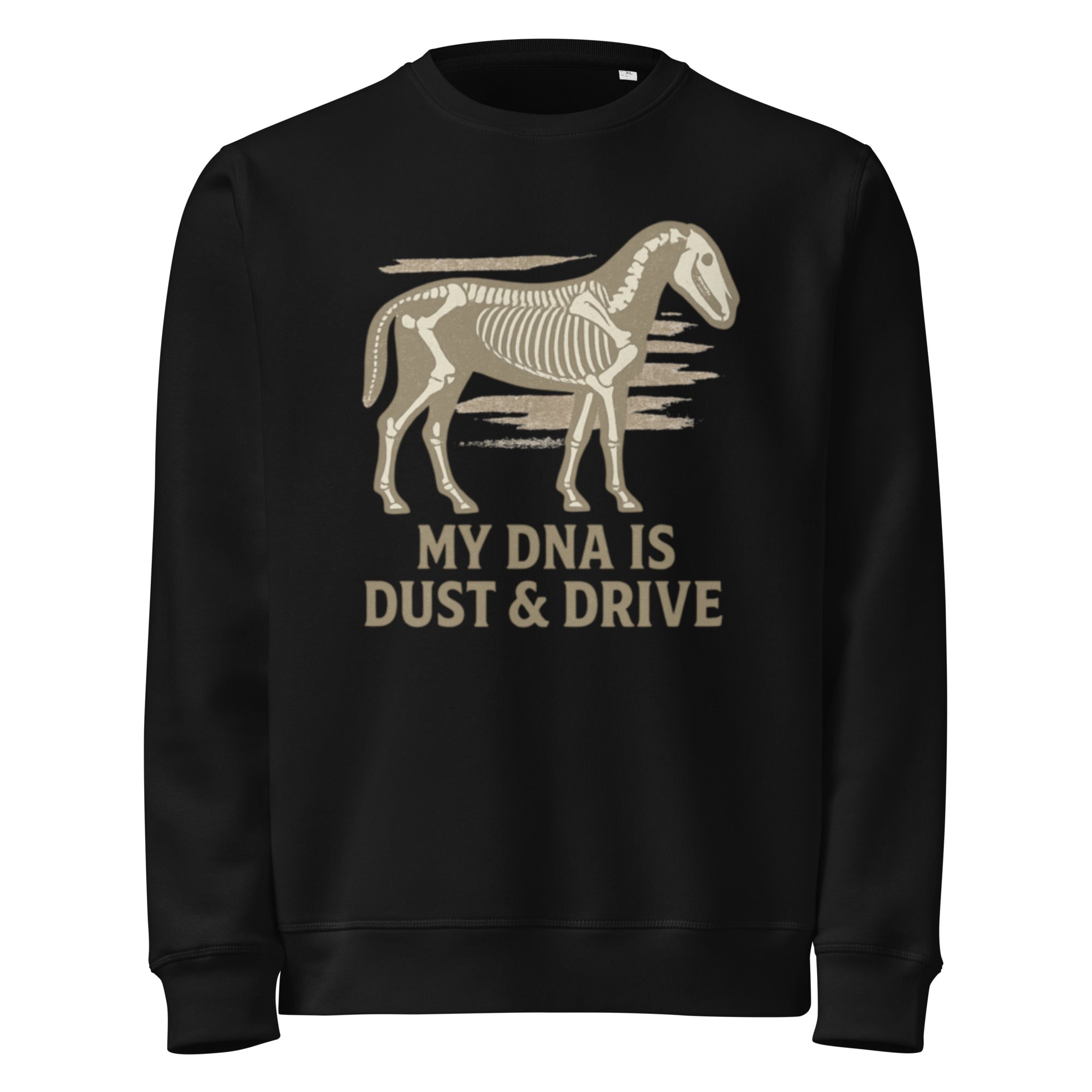Black sweatshirt with horse skeleton graphic and text on a white background