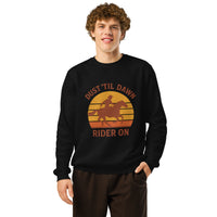 Person wearing a black sweatshirt with a graphic design and text on a white background