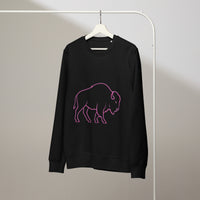 Black sweatshirt with pink buffalo design on a hanger against a plain background
