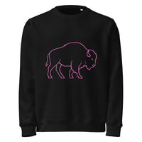 Black sweatshirt with pink bison design on a white background
