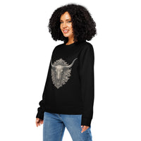 Woman wearing a black sweatshirt with a decorative bull design on a white background