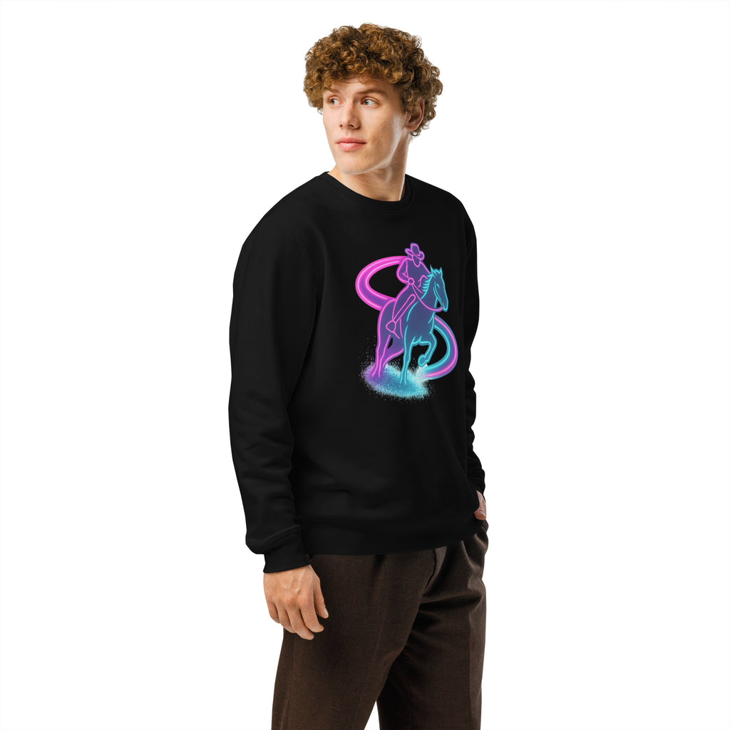 Person wearing a black sweatshirt with a colorful graphic design on a white background