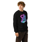 Person wearing a black sweatshirt with a colorful graphic design on a white background