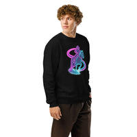 Person wearing a black sweatshirt with a colorful graphic design on a white background