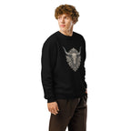 Person wearing a black sweatshirt with a bull skull design on a white background