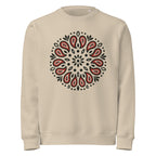 Beige sweatshirt with a red and black mandala design on a white background