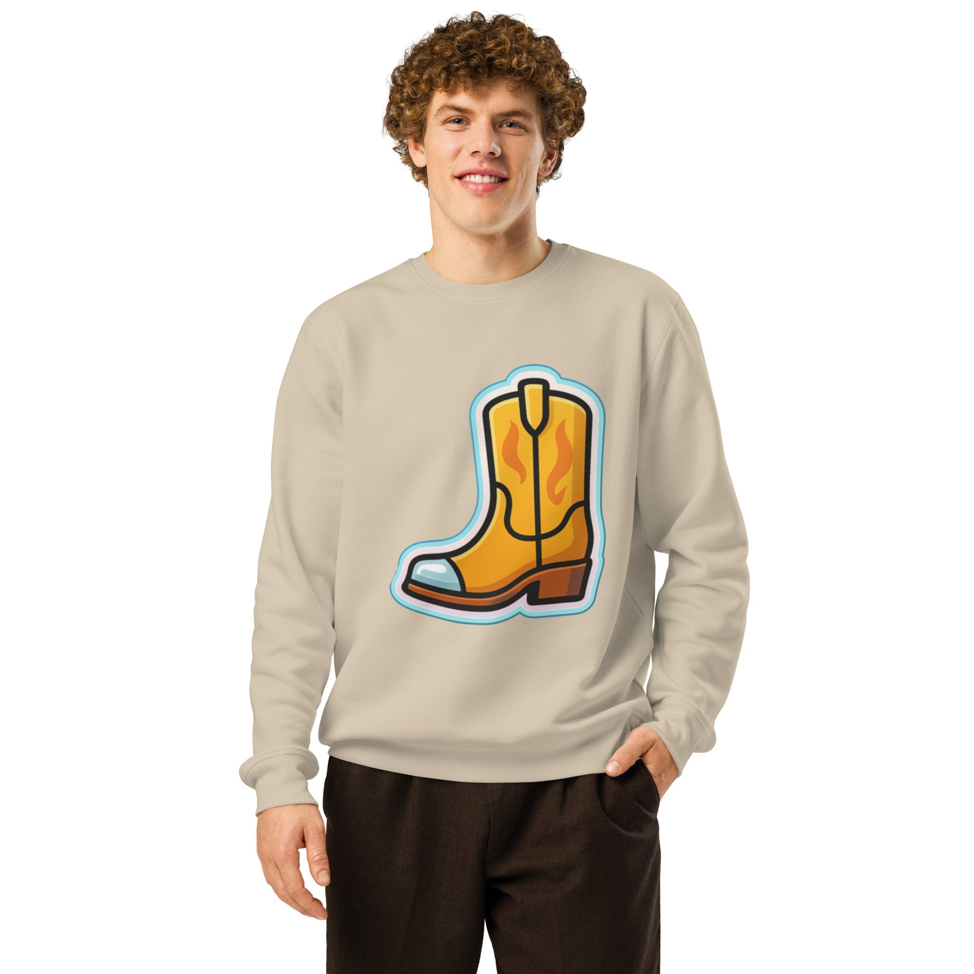 Person wearing a beige sweatshirt with a cowboy boot graphic on a white background