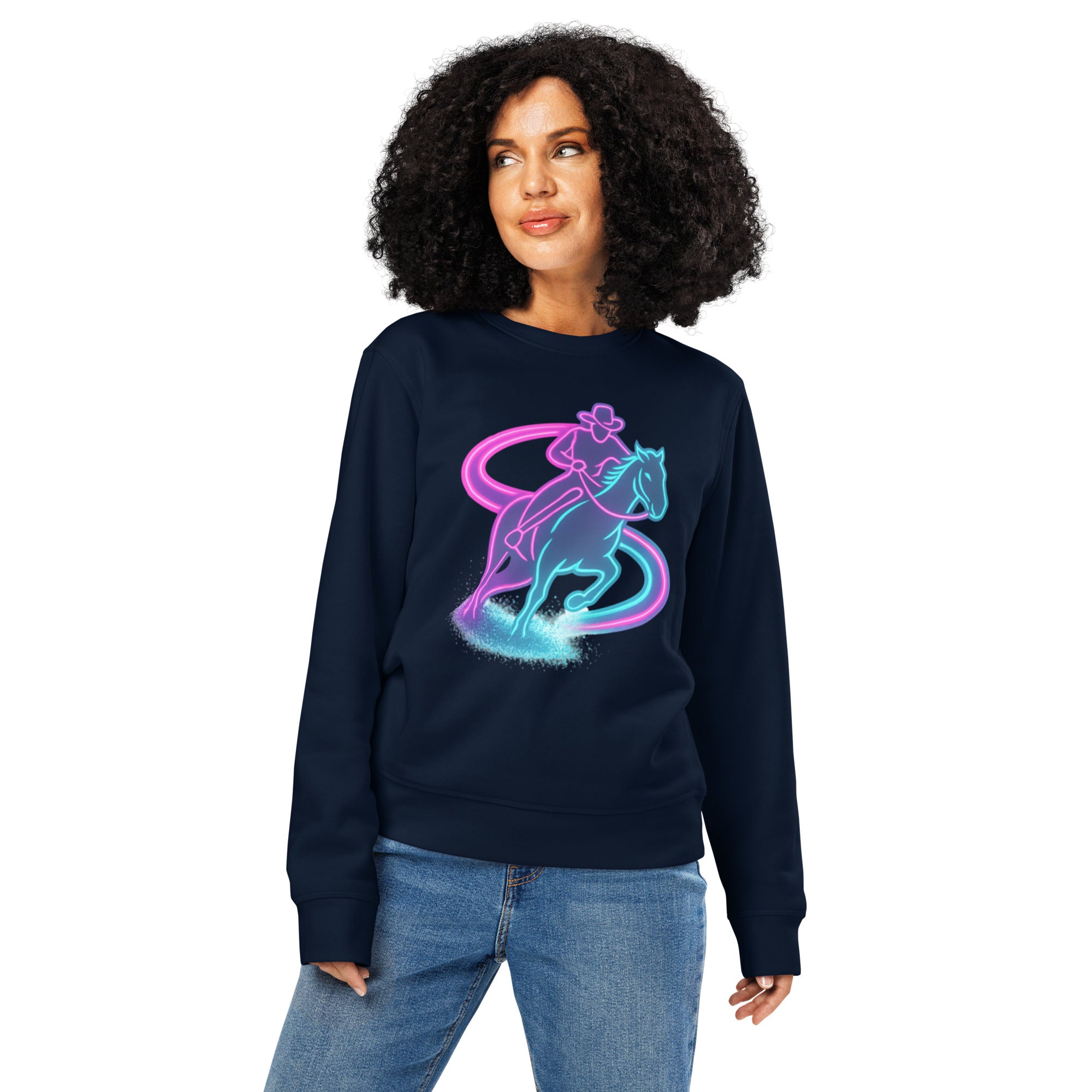 Person wearing a navy sweatshirt with a colorful graphic design on a white background