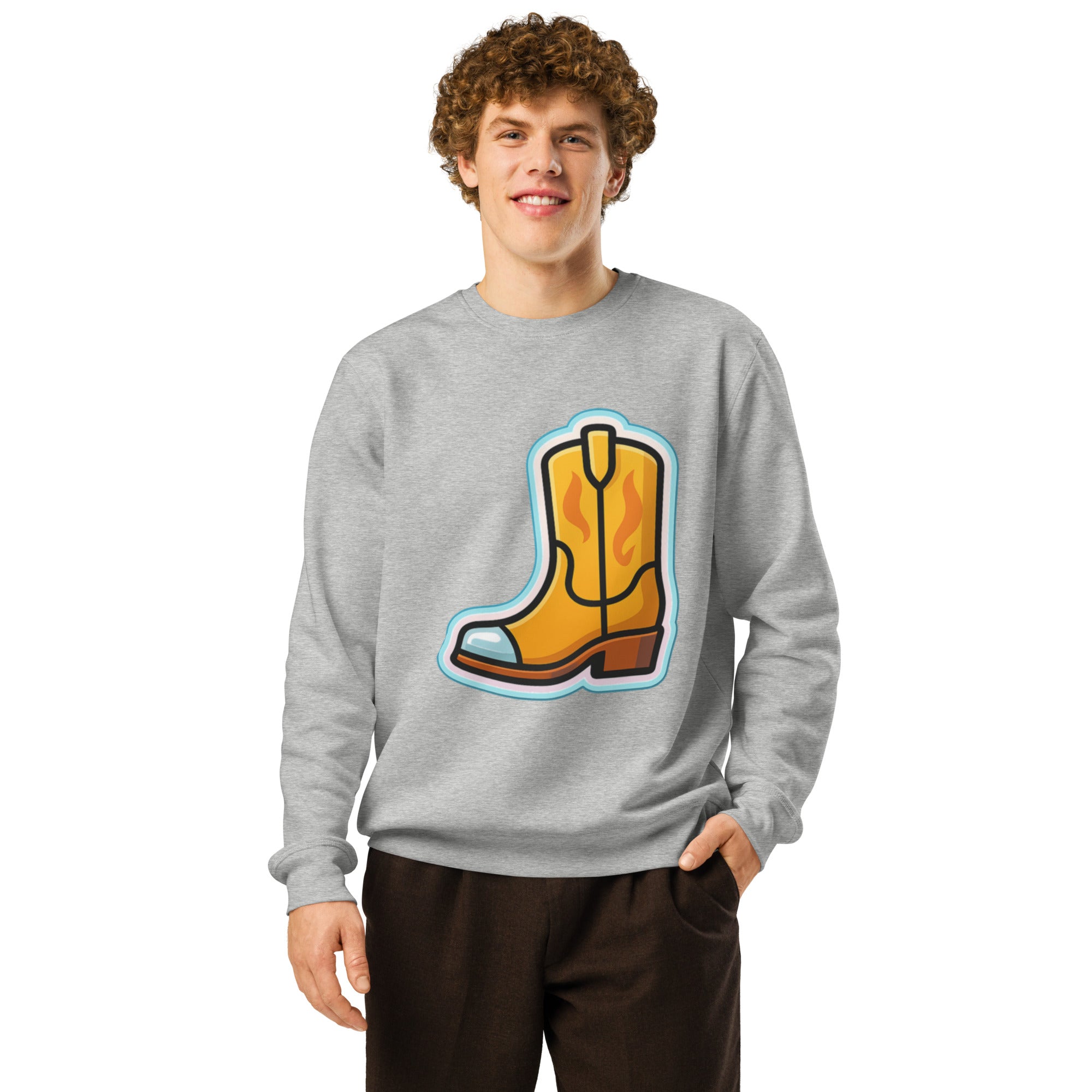 Person wearing a gray sweatshirt with a yellow boot graphic on a white background