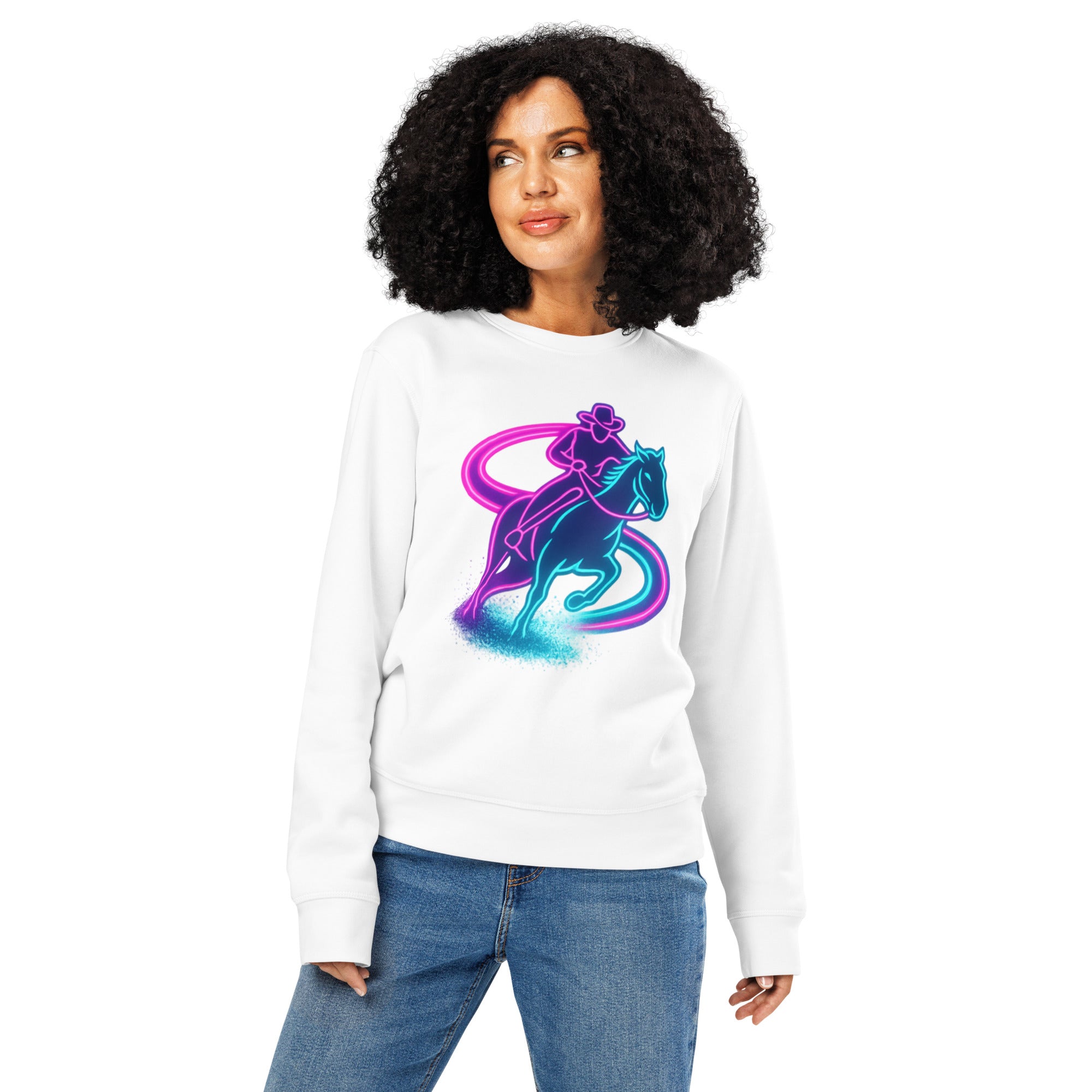 Person wearing a white sweatshirt with a colorful graphic design on a white background