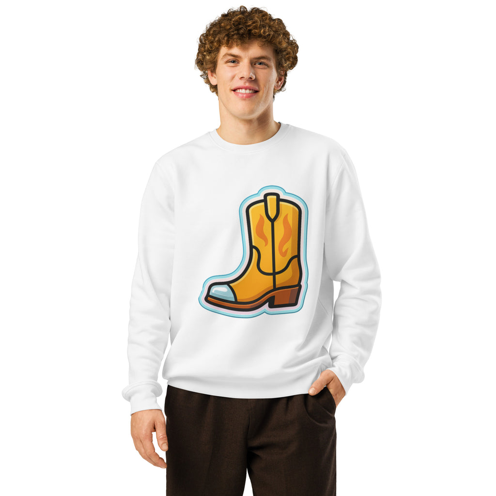 Person wearing a white sweatshirt with a yellow cowboy boot graphic on a white background