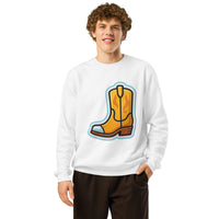 Person wearing a white sweatshirt with a yellow cowboy boot graphic on a white background
