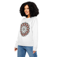 Woman wearing a white sweatshirt with a red and black pattern on a white background