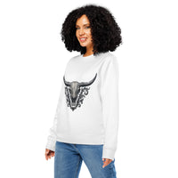 Woman wearing a white sweatshirt with a black bull skull design on a white background