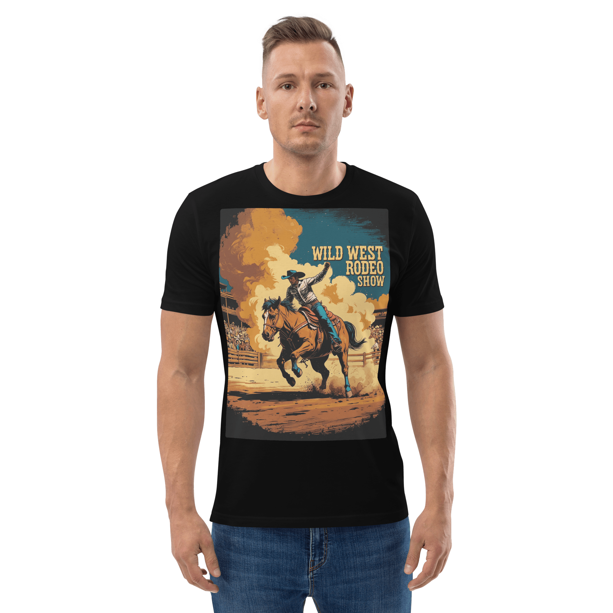 Vintage Wild West Rodeo Show Organic Cotton T-Shirt | Cowboy Bronc Rider Graphic Tee - Design Delight Studio
