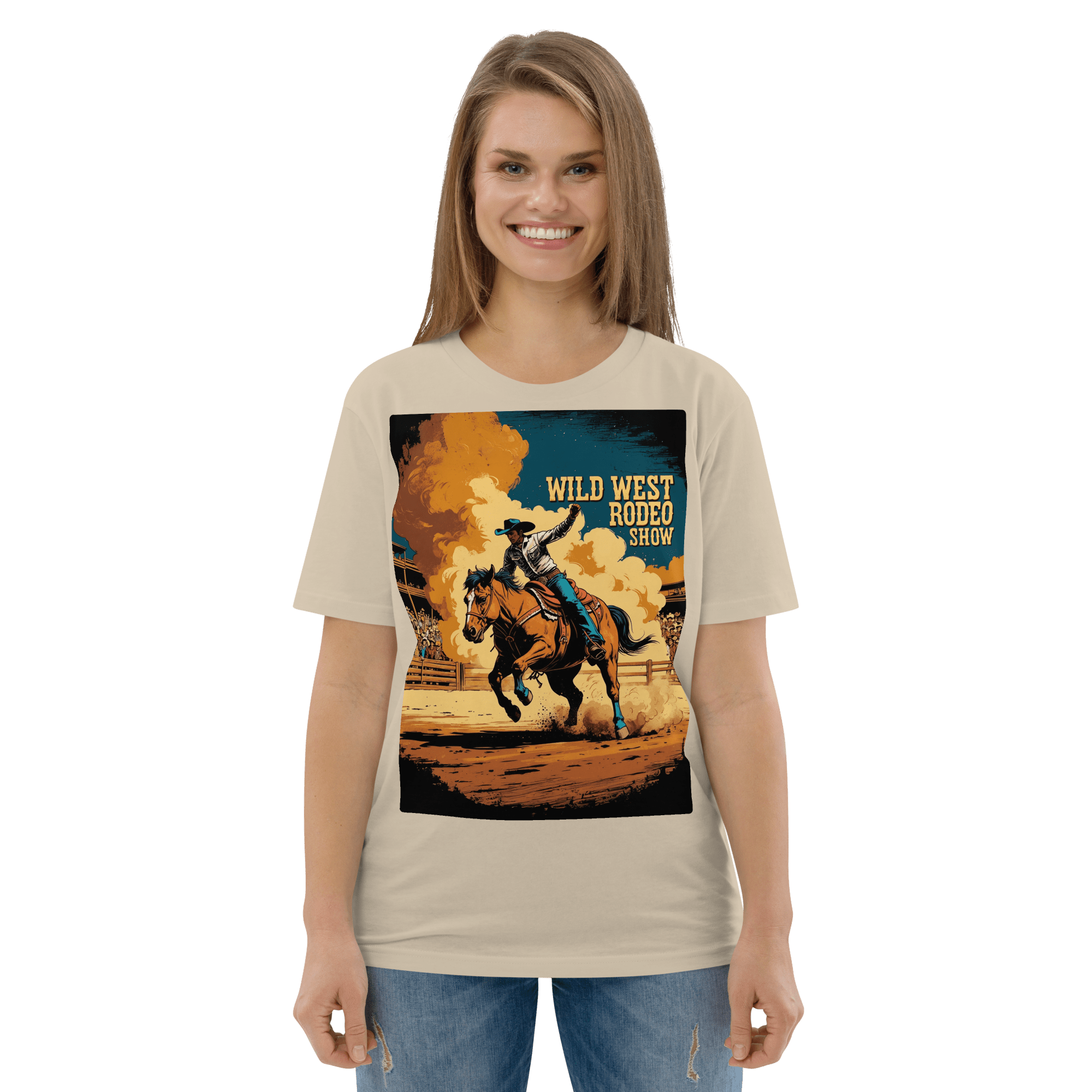 Vintage Wild West Rodeo Show Organic Cotton T-Shirt | Cowboy Bronc Rider Graphic Tee - Design Delight Studio