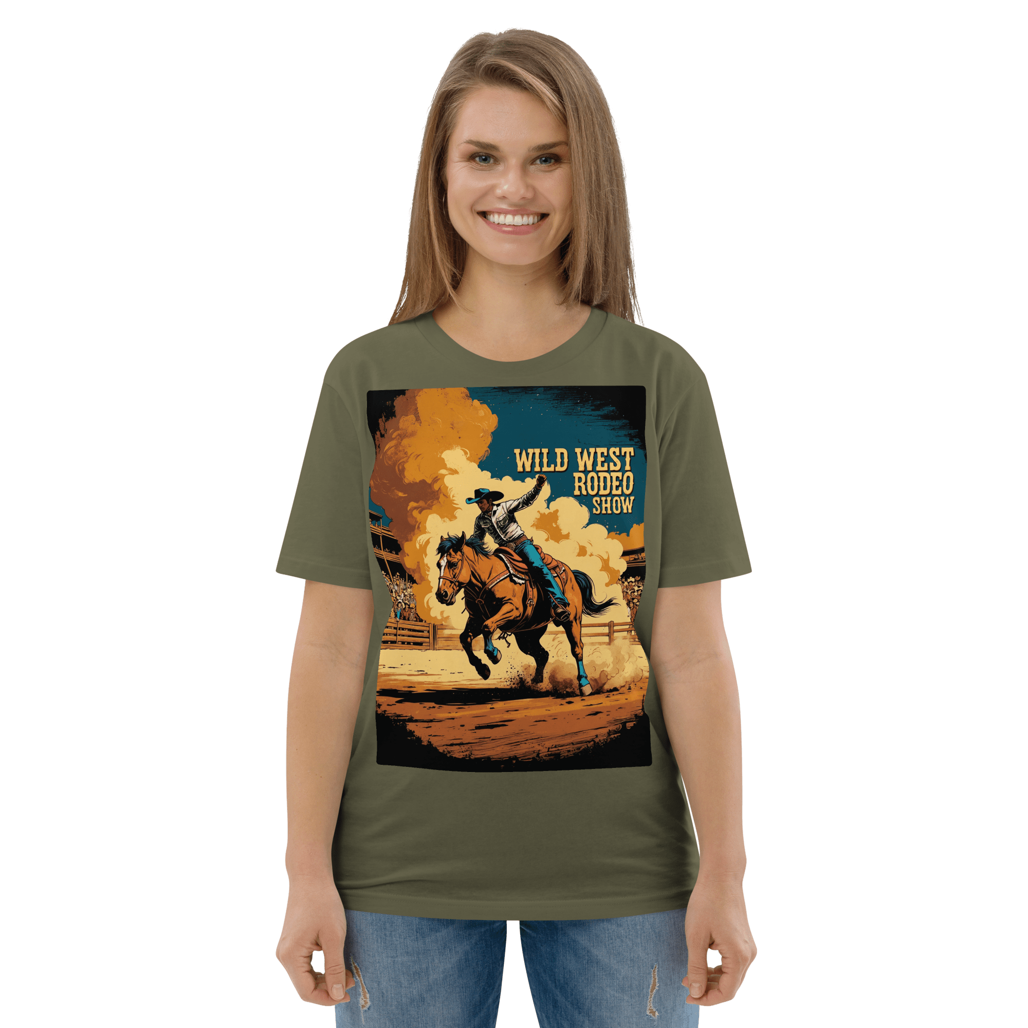 Vintage Wild West Rodeo Show Organic Cotton T-Shirt | Cowboy Bronc Rider Graphic Tee - Design Delight Studio