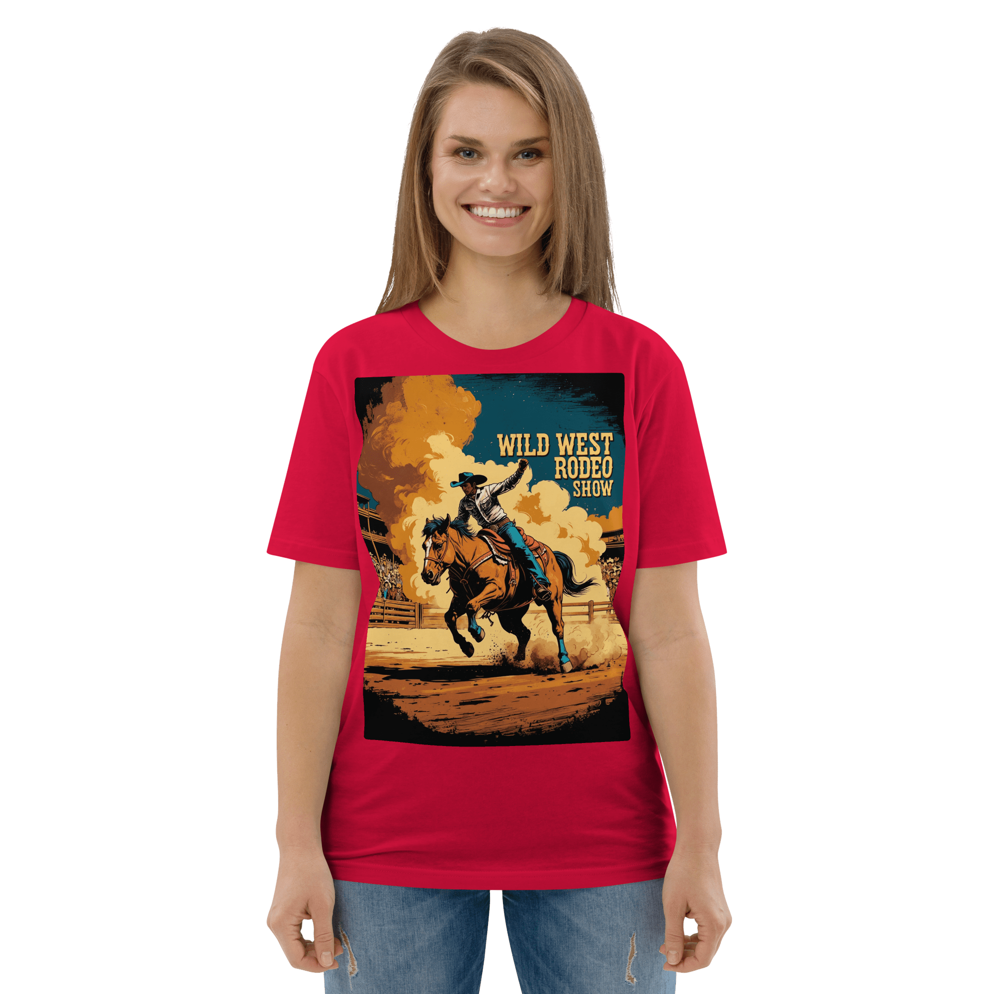 Vintage Wild West Rodeo Show Organic Cotton T-Shirt | Cowboy Bronc Rider Graphic Tee - Design Delight Studio