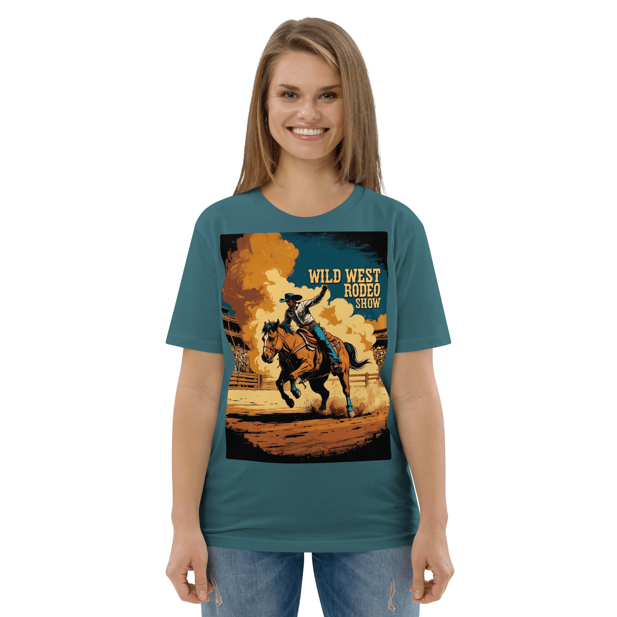 Vintage Wild West Rodeo Show Organic Cotton T-Shirt | Cowboy Bronc Rider Graphic Tee - Design Delight Studio