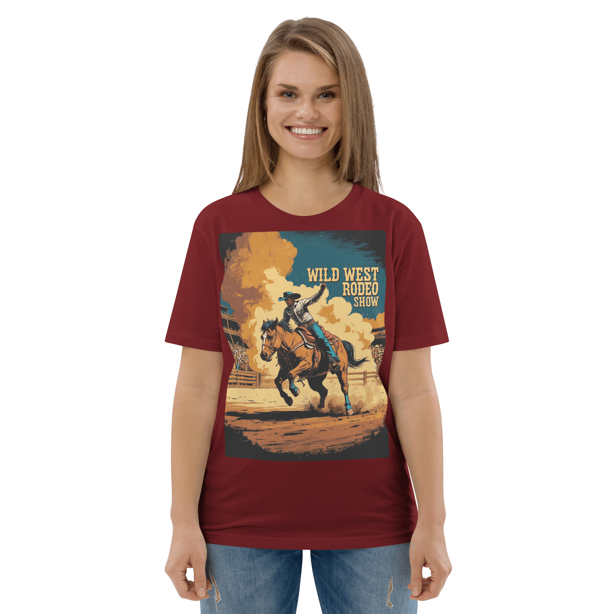 Vintage Wild West Rodeo Show Organic Cotton T-Shirt | Cowboy Bronc Rider Graphic Tee - Design Delight Studio