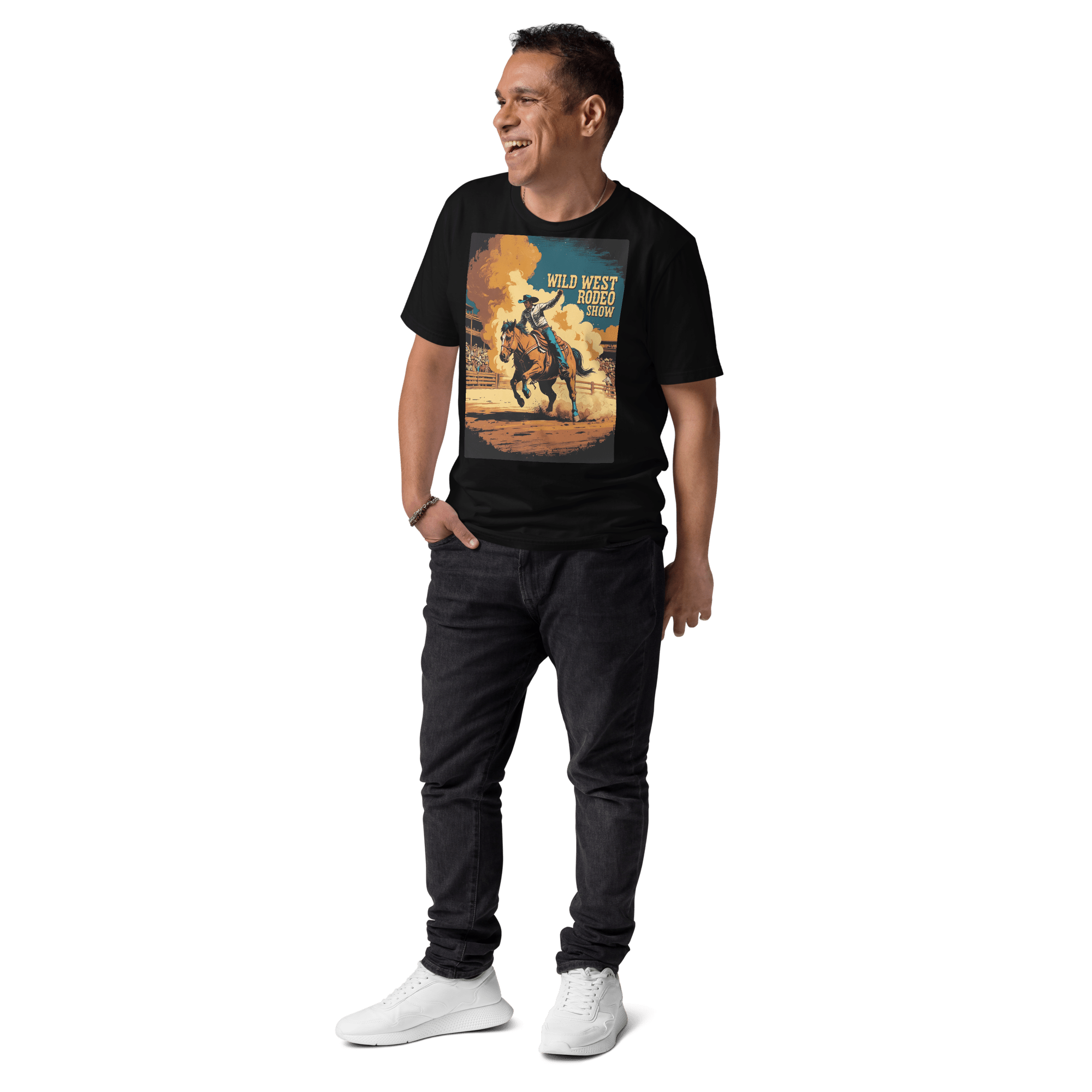 Vintage Wild West Rodeo Show Organic Cotton T-Shirt | Cowboy Bronc Rider Graphic Tee - Design Delight Studio