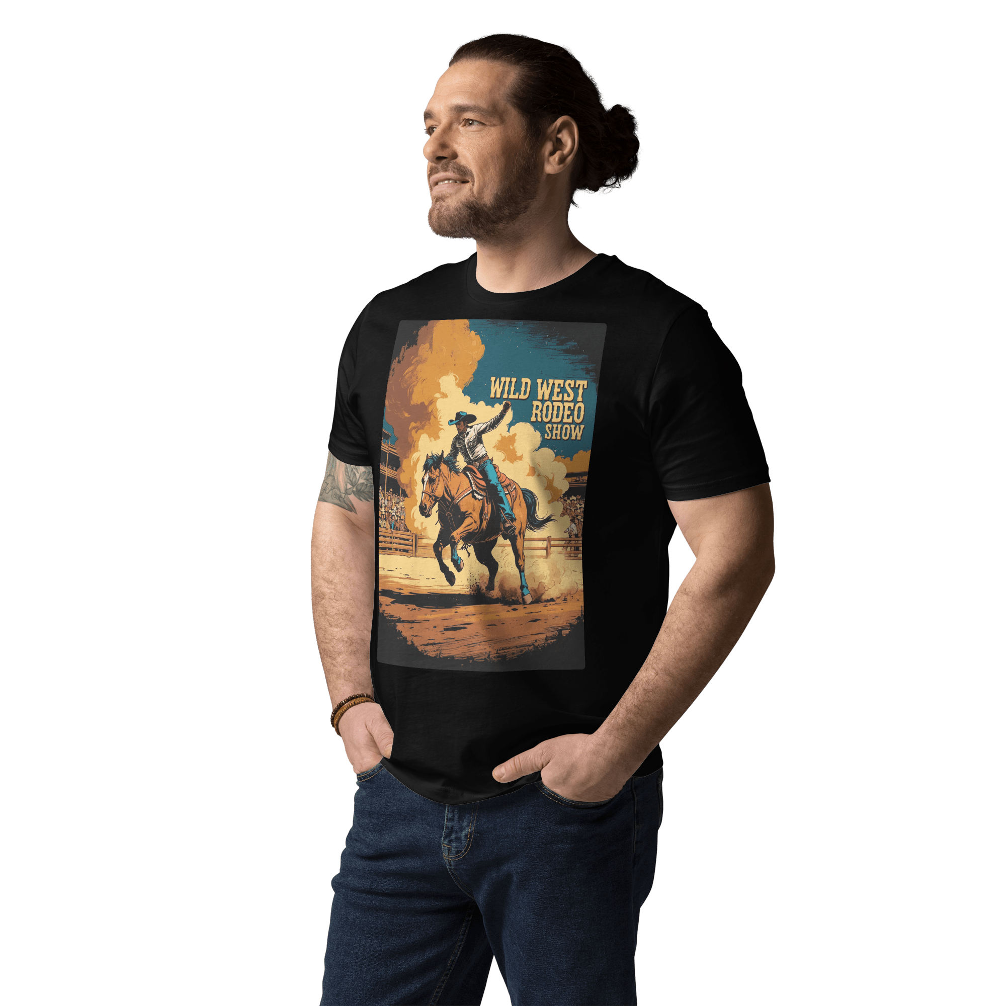 Vintage Wild West Rodeo Show Organic Cotton T-Shirt | Cowboy Bronc Rider Graphic Tee - Design Delight Studio