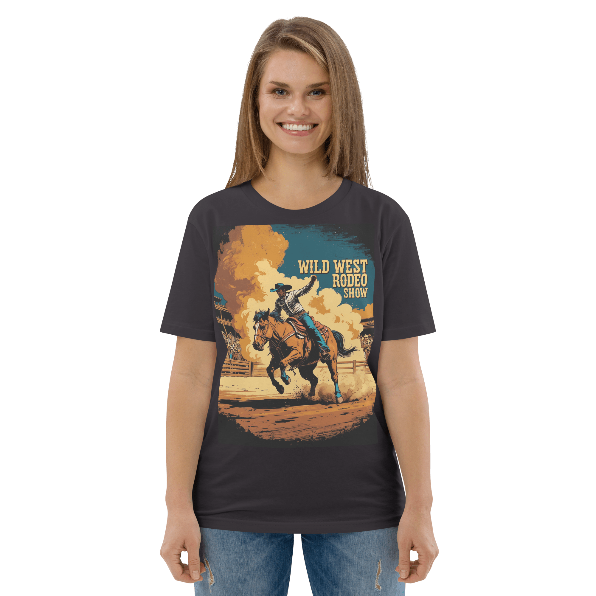 Vintage Wild West Rodeo Show Organic Cotton T-Shirt | Cowboy Bronc Rider Graphic Tee - Design Delight Studio