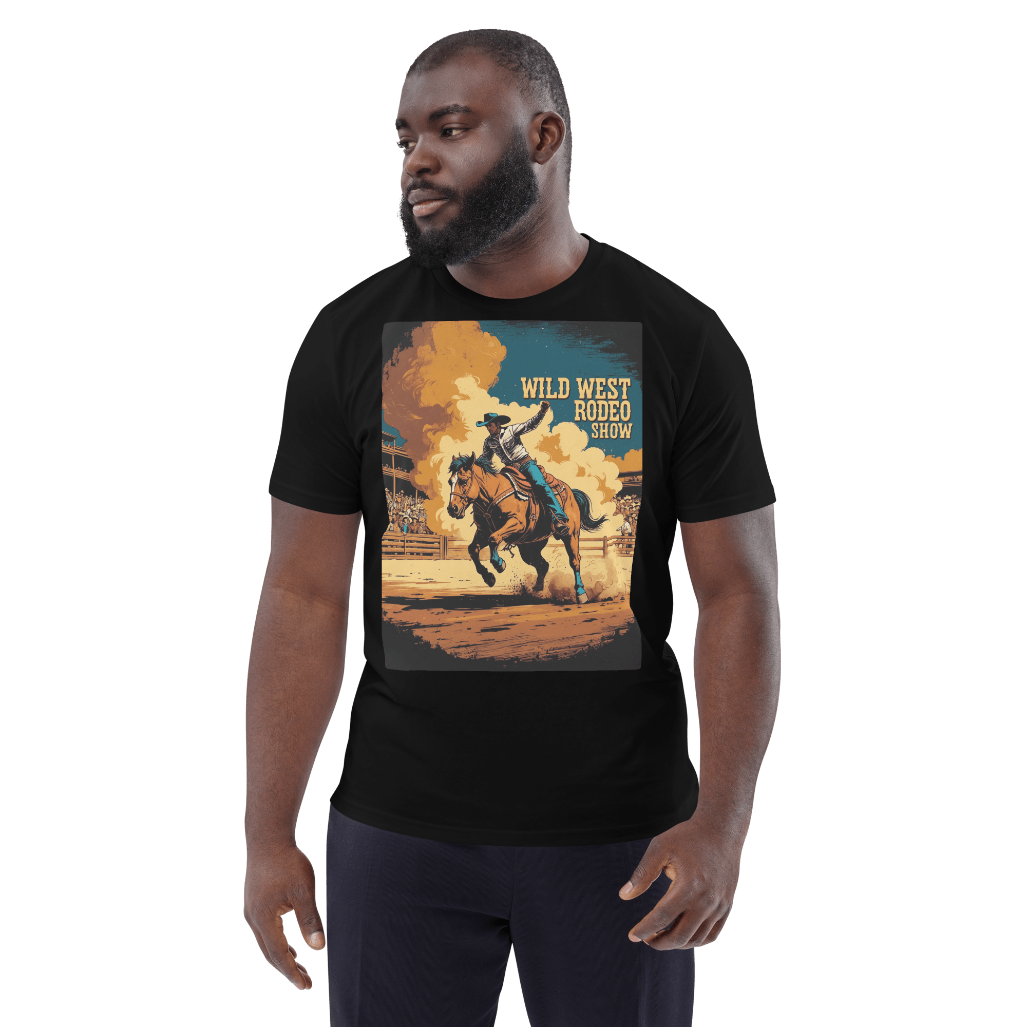 Vintage Wild West Rodeo Show Organic Cotton T-Shirt | Cowboy Bronc Rider Graphic Tee - Design Delight Studio